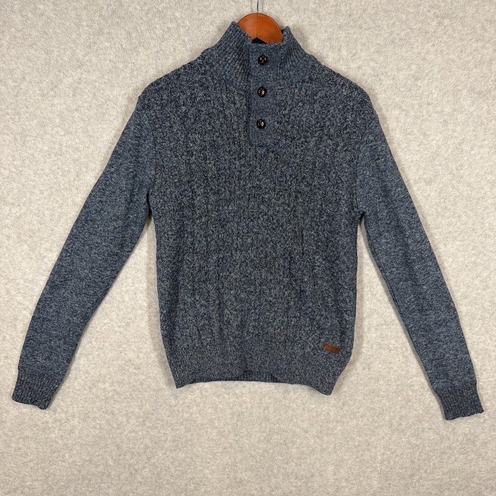 Buffalo David Bitton 3 Button Mock Neck Cable Knit Sweater Blue Men's Medium